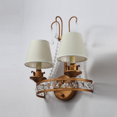 Two Light Wall Sconce Features Curving Scrollings and Hand-cut Crystals Mounted in Iron Frame
