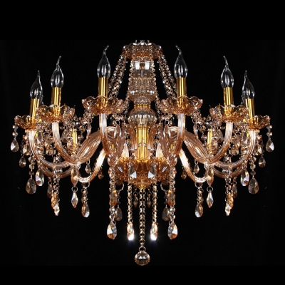 Eight Light Splendid Amber Crystal Droplets and Gold Luxurious Chandelier