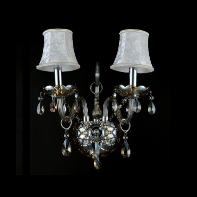 Elegant Two-light Wall Sconce with Beautiful Crystal Drops Featuring Glass-crafted Framework and White Fabric Bell Shades