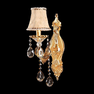 Fabulous Polished Gold Finish Wall Sconce Features Beautiful Phoenix Feather Crystal Drops and Beige Fabric Shade