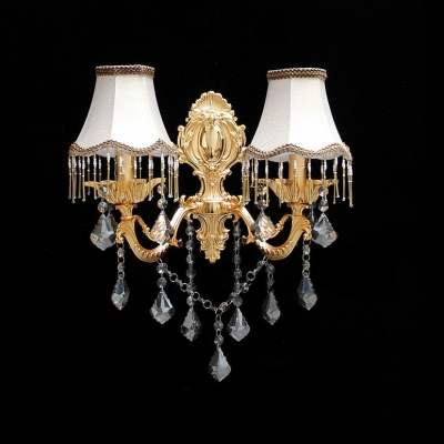 Lavish Wall Sconce Creating Exquisite Embellishment for Home Decor with Elaborate Gold Finish Plate and White Fabric Shades