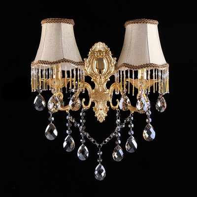 Outstanding Graceful Wall Light Fixture Adorned with Delicate Gold Finish and White Fabric Shades with Black Edging