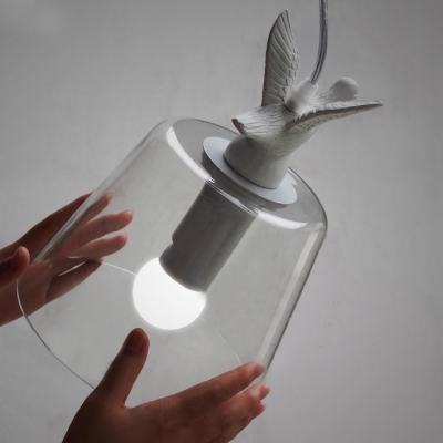 Single Light Bright Glass Shade And Resin Bird Designer Pendant Light Clear