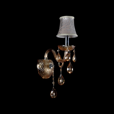 Sparkling Single Light Wall Sconce Features Beautiful Scrolling Arms and Crystal Drops Topped with Grey Fabric Shade