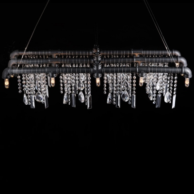 Iron Bar with Crystal Droplet Vintage Linear Pendant Chandelier 15-Light