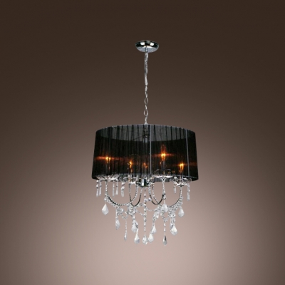 Black and Bold Sheer Shade Metal Scrolled Arms Chandelier Pendant Accented by Clear Crystals