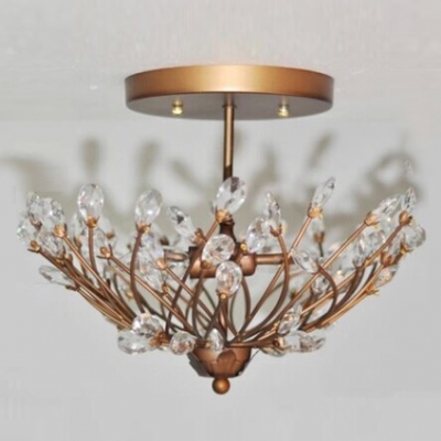 Charming Semi Flush Mount Light Completed with Gleaming Brass Finish and Clear Crystal Leaves