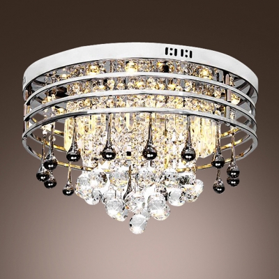Clear Crystal Drops Cascades with Polished Stainless Steel Metal Web Shade Flush Mount