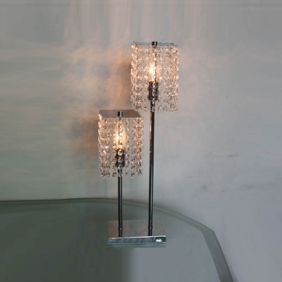 Distinctive High-low Two-light Table Lamp Adorned with Beautiful Clear Strands of Crystal Beads and Sleek Chrome Finish