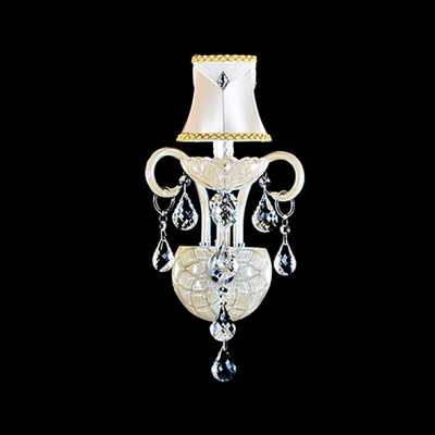 Elegant Wall Light Fixture Completed with Fabric Bell Shade and Clear Lead Crystal Droplets