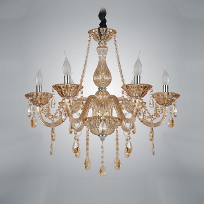 Faceted Crystal Strands 6 Candle Lights Beautifully Detailed Champagne Crystal Chandelier