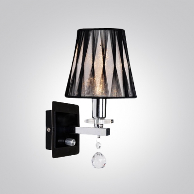 Gorgeous Wall Sconce Adorned with Cool Black Patterned Fabric Shade and Beautiful Clear Crystal Bobeche and Drops