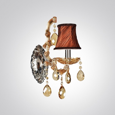 Luxury Single Light Wall Sconce Features Red Fabric Shades and Amber Crystal Drops