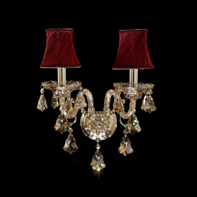 Luxury Two Light Wall Sconce Features Bold Red Fabric Shades with Crystal Droplets