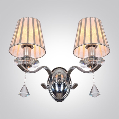 Modest and Chic Clear Crystal Teardrops Two Lights Wall Sconce Embracing Gray Empire Fabric Shade