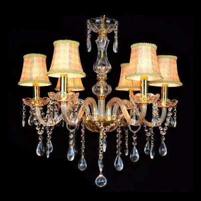Romantic and Warm Six Lights Check Pattern Fabric Shade Crystal Traditional Candelabra Chandelier