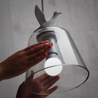 Single Light Bright Glass Shade And Resin Bird Designer Pendant Light Clear