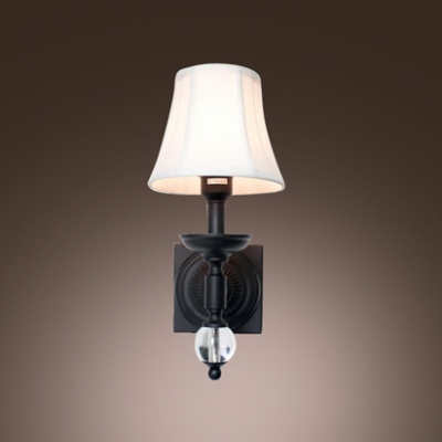 Timeless Wall Light Fixture Features Iron Frame Accented Crystal Ball and White Fabric Bell Shade