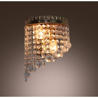 Chic Wall Sconce with Strands of Clear Crystal Beads and Balls Hanging From Graceful Metal Frame