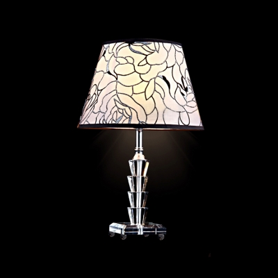Elegant Table Lamp Features Flowers on White Fabric Shade with Black Edging