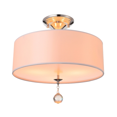 

Grand White Fabric Drum Shade Semi Flush Ceiling Lights Adorned with Polished Chrome Finish Iron Base and Clear Crystal Ball, HL281017