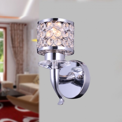 Luxurious Single Light Chrome Finish Wrought Iron Cylinder Frame Wall Light  Adorned with Sparkling Crystal Beads