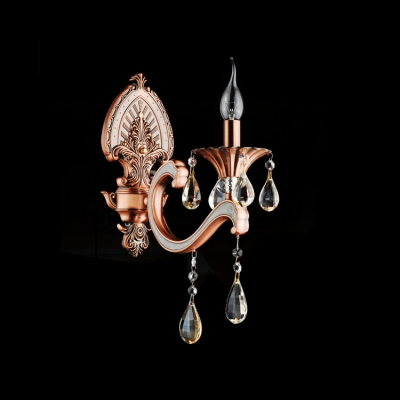 Opulent Unique Antique Red Single Light Wall Sconce Accented Clear Lead Crystal And Sleek Curved Arm