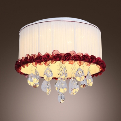 Red Flower Accented Fabric Shade Rounded Flush Mount Dropped Hand Cut Crystal Droplets