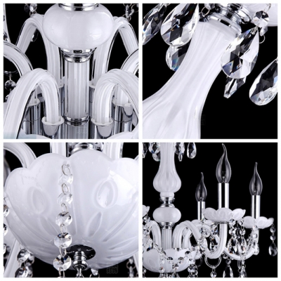 Soft and Chic White Glass Scrolling Arms and Clear Crystal Droplets Chandelier