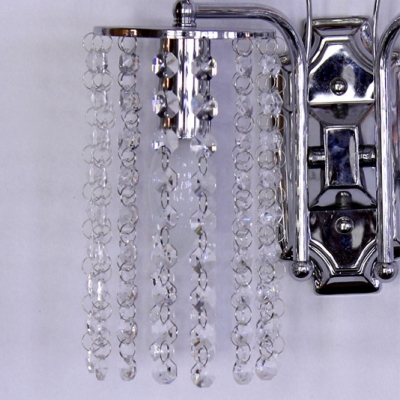 Sparkling Wall Light Fixture Adorned with Graceful Scrolling Arms in Chrome Finish and Beautiful Clear Crystal Falls