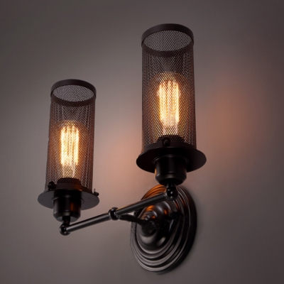 Two-light Wrought Iron Cylinder Net Industrial Wall Light