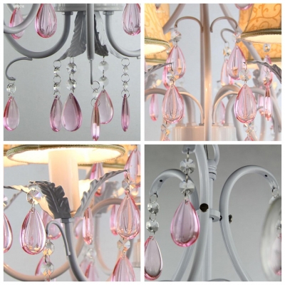 3-Light White Finished Curved Arms Romantic Pink Crystal Droplets Mini Chandelier