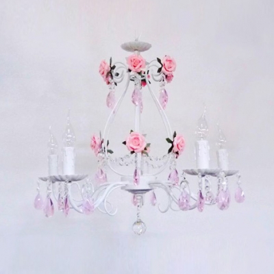 5-Light Pink Crysal Droplets and Clear Crystal Strands Chandelier with Flowers