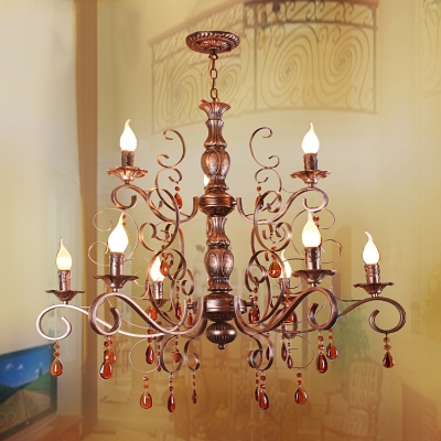 Bronze Finished Wrought Iron Charming Chandelier with Crystal Droplets