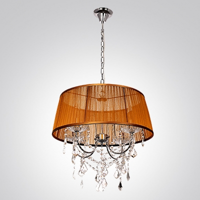 Chandelier Features Brown Fabric Shade with Hanging Clear Crystal Creates Magnificently Look