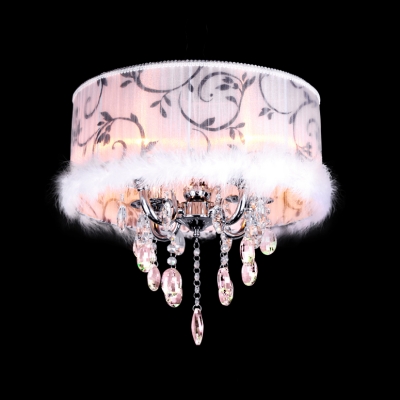 Chic and Soft White Shade Chandelier in Modern Crystal Accent Style with Hairy Trim