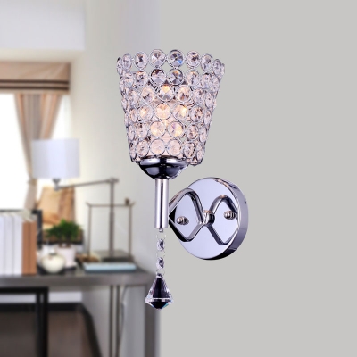Chic Modern Tea-cup Shaped Single Light Wall Sconce Shimmery Adorned with Dazzling Crystal Beads and Polished Chrome Finish