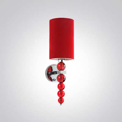 Contemporary Bold Wall Sconce Completed Crystal Balls and Beautiful Red Fabric Drum Shade