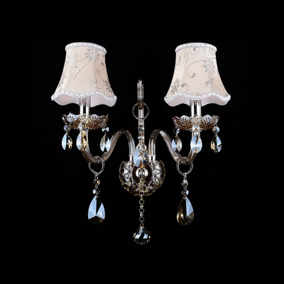 Elegant Wall Light Fixture Completed with White Fabric Shade and Clear Lead Crystal Droplets
