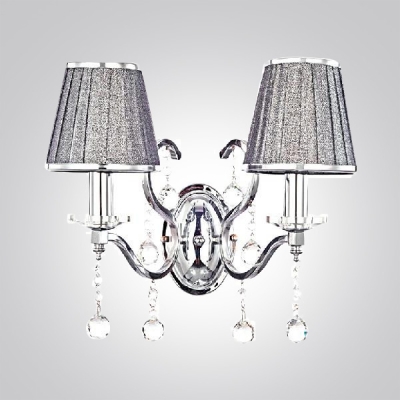 Enticing Glamorous Two Lights Fabric Shades Wrought Iron Wall Sconce Draped with Clear Crystal Balls