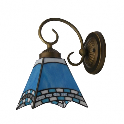 Fascinating Cerulean Glass Shade with Lovely Grid Accent Wrought Iron Wall Light