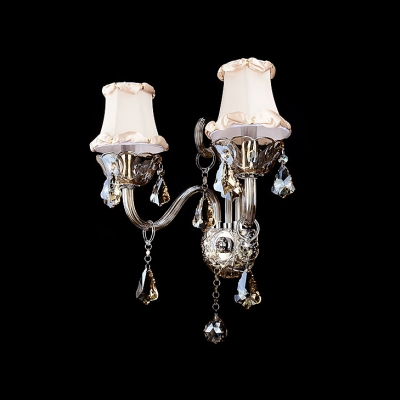 Grand  Ivory Fabric Shades and Clear Crystal Formed Sparkling Two Light Wall Sconce