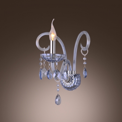 Romantic Blue Crystal Arms and Drops Add Charm to Glittering Single Candle Light Wall Sconce