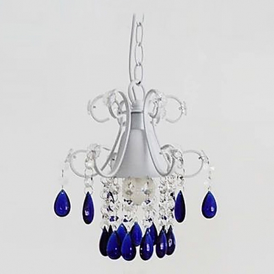 Soft and Romantic White Finished Frame Clear Crystal Strands and Blue Drops Mini Pendant Light
