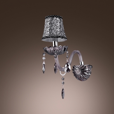Beautiful Black Single Light Wall Sconce with Scrolling Arms and Lead Crystal Drops