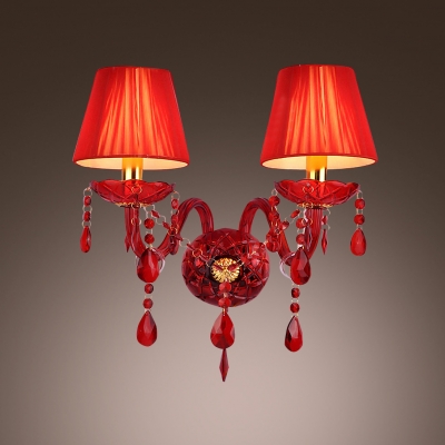 Bold Red Two Light Wall Sconce with Graceful Curving Arms and Pink Fabric Shades