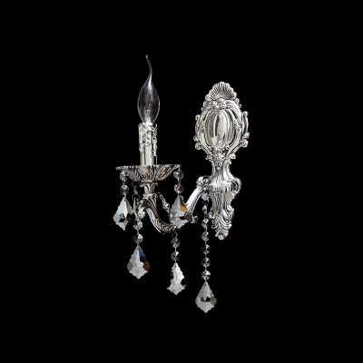 Charming European Style Single-light Wall Sconce Completed with Delicate Silver Finish and Hand-cut Crystal Drops
