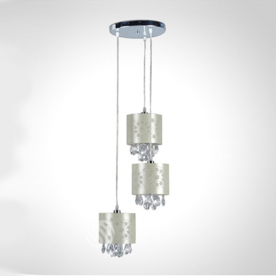 Delicate Beige Fabric Shades and Clear Crystal Drops Add Charm to Graceful Multi-Light Pendant