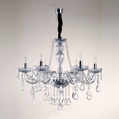 Excellent and Bold Six Candle Lights Faceted Crystal Droplets Falling Clear Crystal Glass-armed Chandelier