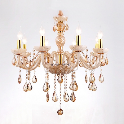 Glittering Amber Crystal Drops Pendaloques 8-Light Large Dining Room Chandelier